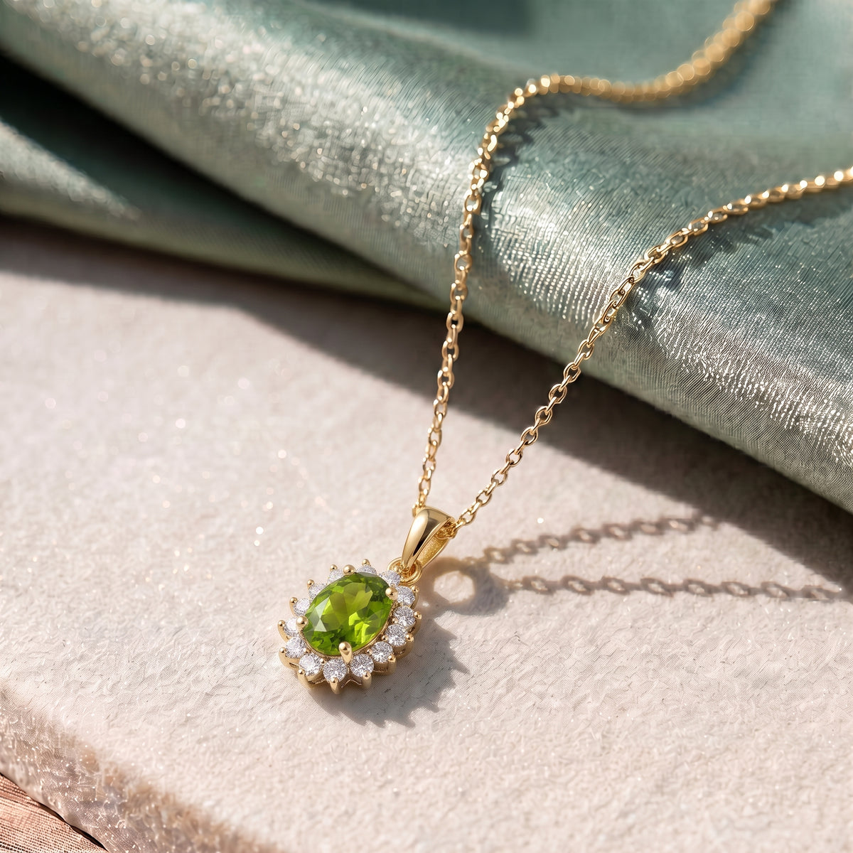 Hebei Peridot August Birthstone and Natural Zircon Halo Pendant with Chain(Size-20 with Lobster Clasp) in 18K Vermeil Yellow Gold Plated Sterling Silver 4400806 4
