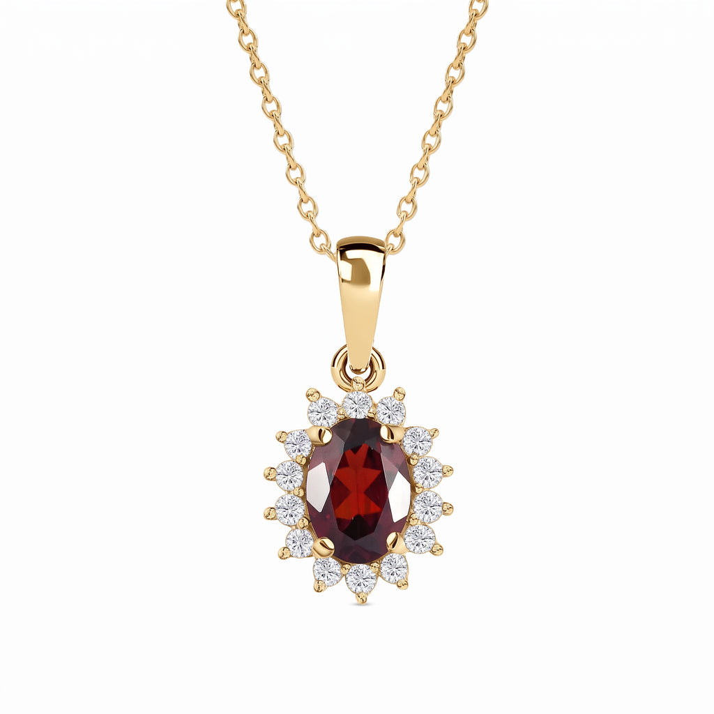 Royal Bali Collection - D'Joy Red Garnet & Natural Cambodian Zircon Halo Pendant with Chain (Size - 20) in 18K Vermeil Yellow Gold Plated Sterling Silver 1.25 Ct._4400808