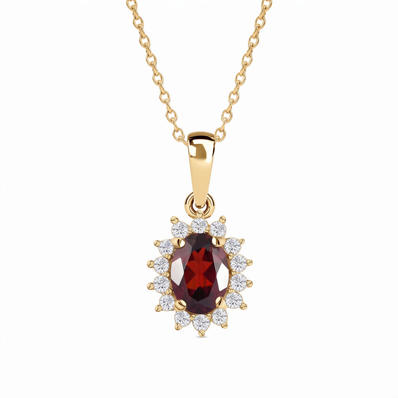 Royal Bali Collection - D'Joy Red Garnet & Natural Cambodian Zircon Halo Pendant with Chain (Size - 20) in 18K Vermeil Yellow Gold Plated Sterling Silver 1.25 Ct._4400808