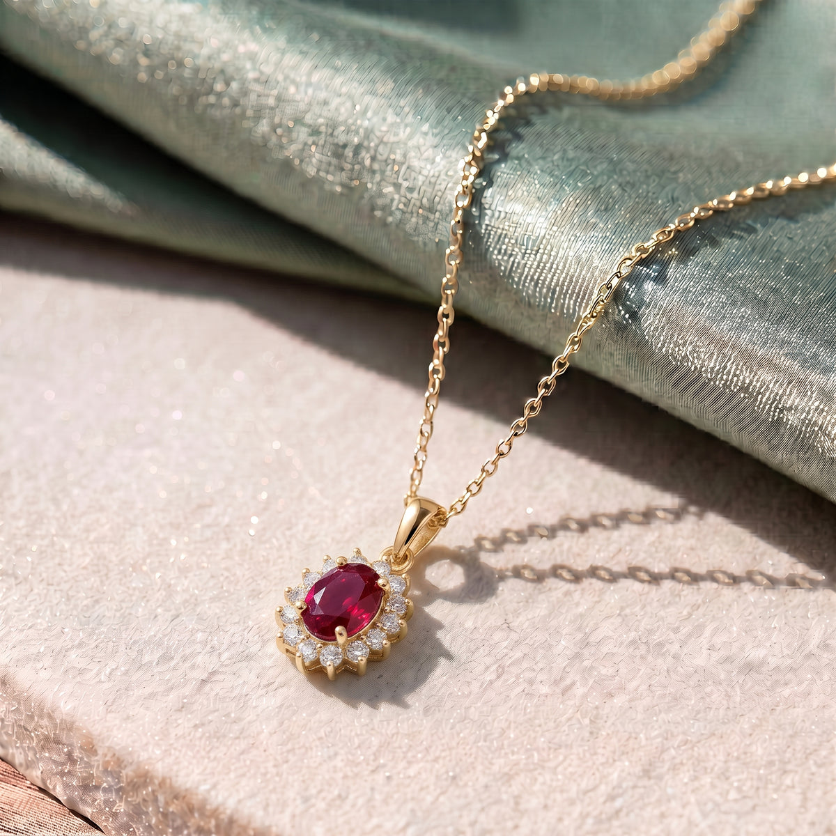 African Ruby (FF) July Birthstone and Natural Zircon Halo Pendant with Chain (Size - 20) in 18K Vermeil Yellow Gold Plated Sterling Silver 4400813 4