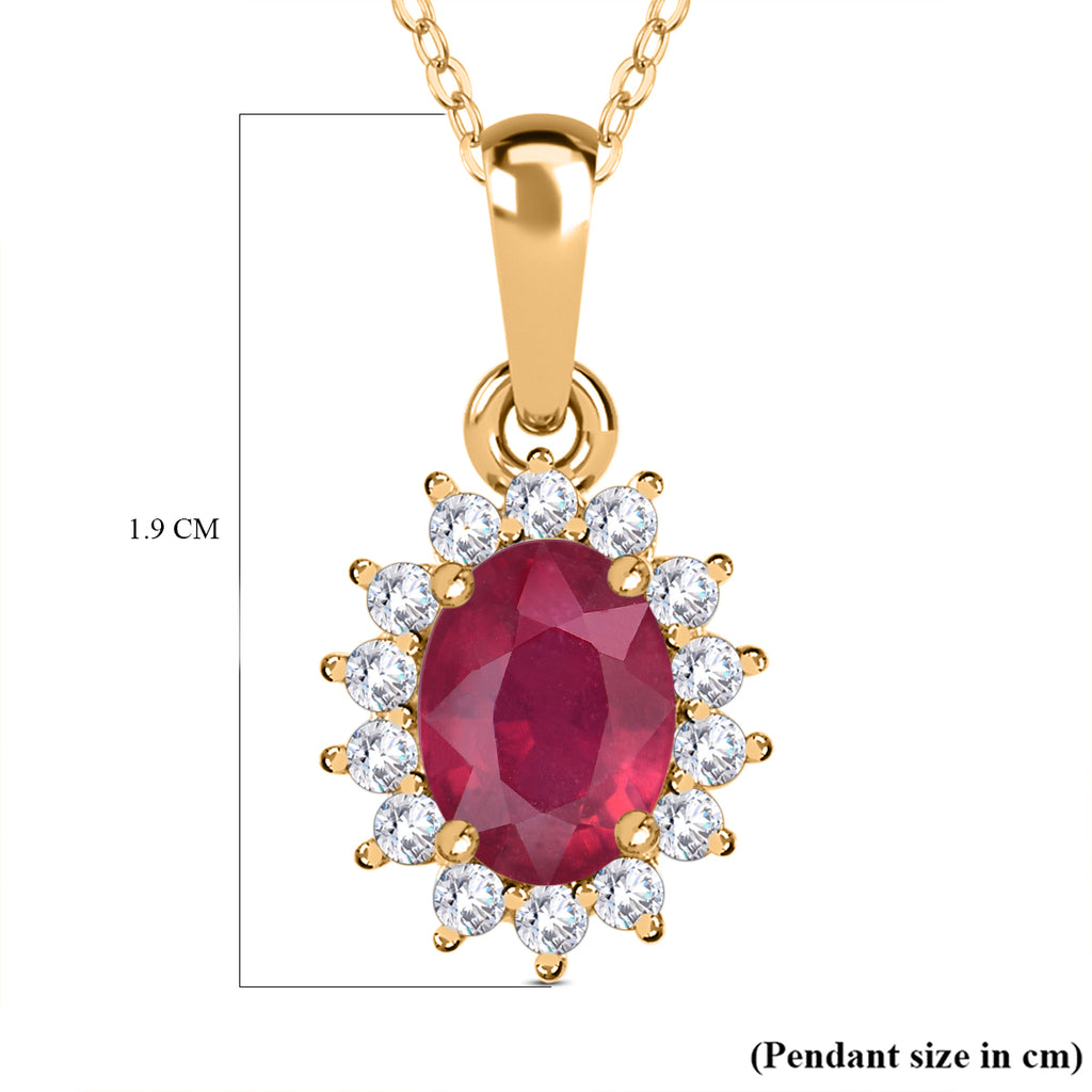 Royal Bali Collection - D'Joy African Ruby & Natural Cambodian Zircon Halo Pendant with Chain (Size - 20) in 18K Vermeil Yellow Gold Plated Sterling Silver 1.30 Ct._4400813_6