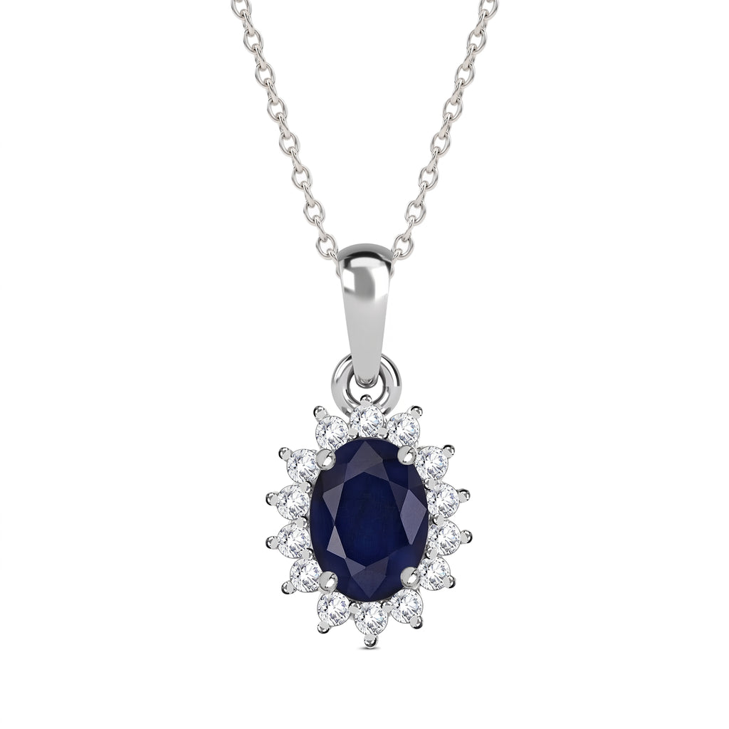 Royal Bali Collection - D'Joy Masoala Sapphire & Natural Cambodian Zircon Halo Pendant with Chain (Size - 20) in Platinum Overlay Sterling Silver 1.50 Ct._4400814