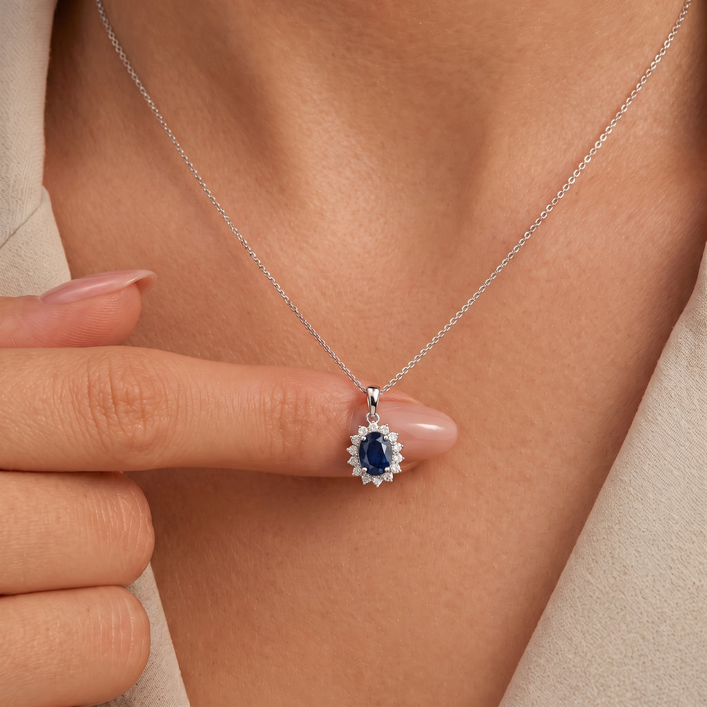 Royal Bali Collection - D'Joy Masoala Sapphire & Natural Cambodian Zircon Halo Pendant with Chain (Size - 20) in Platinum Overlay Sterling Silver 1.50 Ct._4400814_1