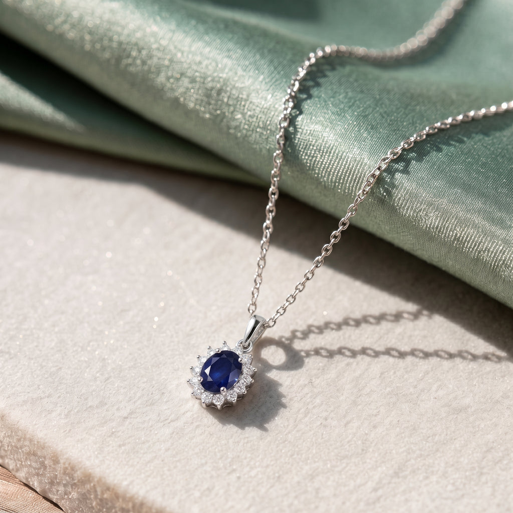 Royal Bali Collection - D'Joy Masoala Sapphire & Natural Cambodian Zircon Halo Pendant with Chain (Size - 20) in Platinum Overlay Sterling Silver 1.50 Ct._4400814_4