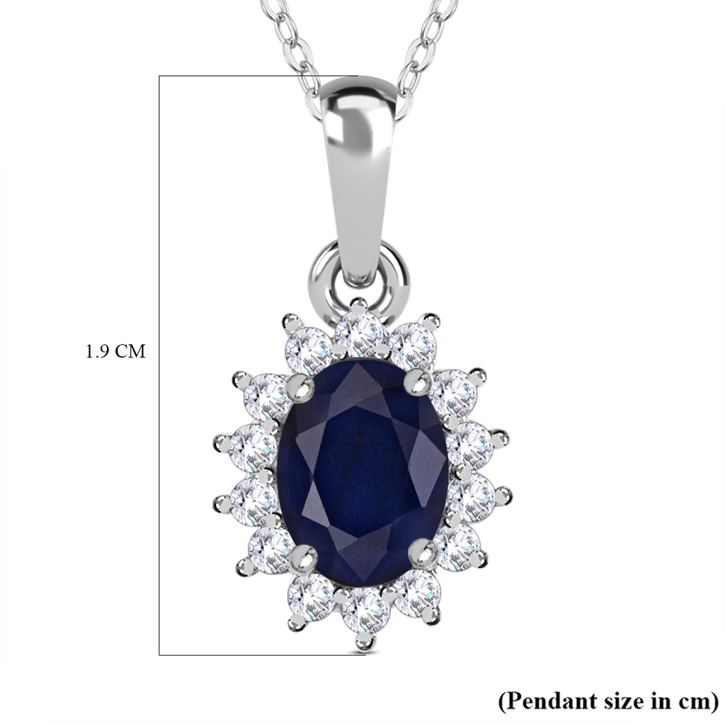 Royal Bali Collection - D'Joy Masoala Sapphire & Natural Cambodian Zircon Halo Pendant with Chain (Size - 20) in Platinum Overlay Sterling Silver 1.50 Ct._4400814_6