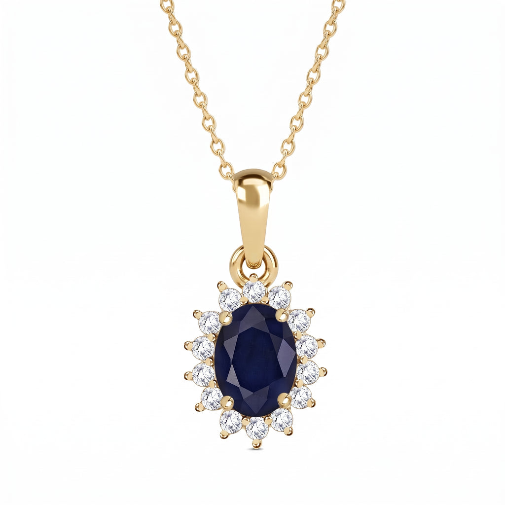 Royal Bali Collection - D'Joy Masoala Sapphire & Natural Cambodian Zircon Halo Pendant with Chain (Size - 20) with Lobster Clasp in 18K Vermeil Yellow Gold Plated Sterling Silver 1.38 Ct._4400815