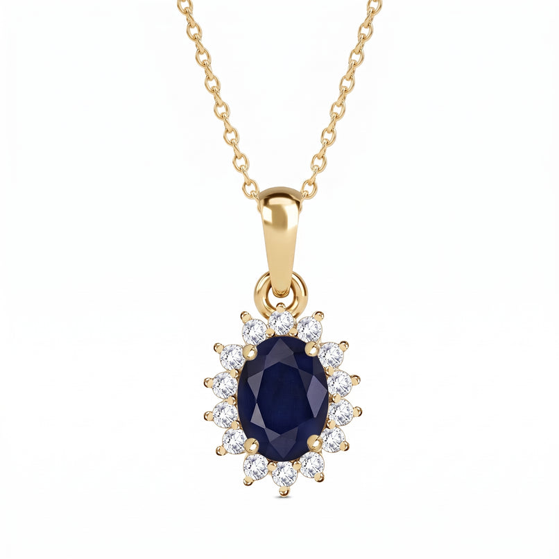 Royal Bali Collection - D'Joy Masoala Sapphire & Natural Cambodian Zircon Halo Pendant with Chain (Size - 20) with Lobster Clasp in 18K Vermeil Yellow Gold Plated Sterling Silver 1.38 Ct._4400815