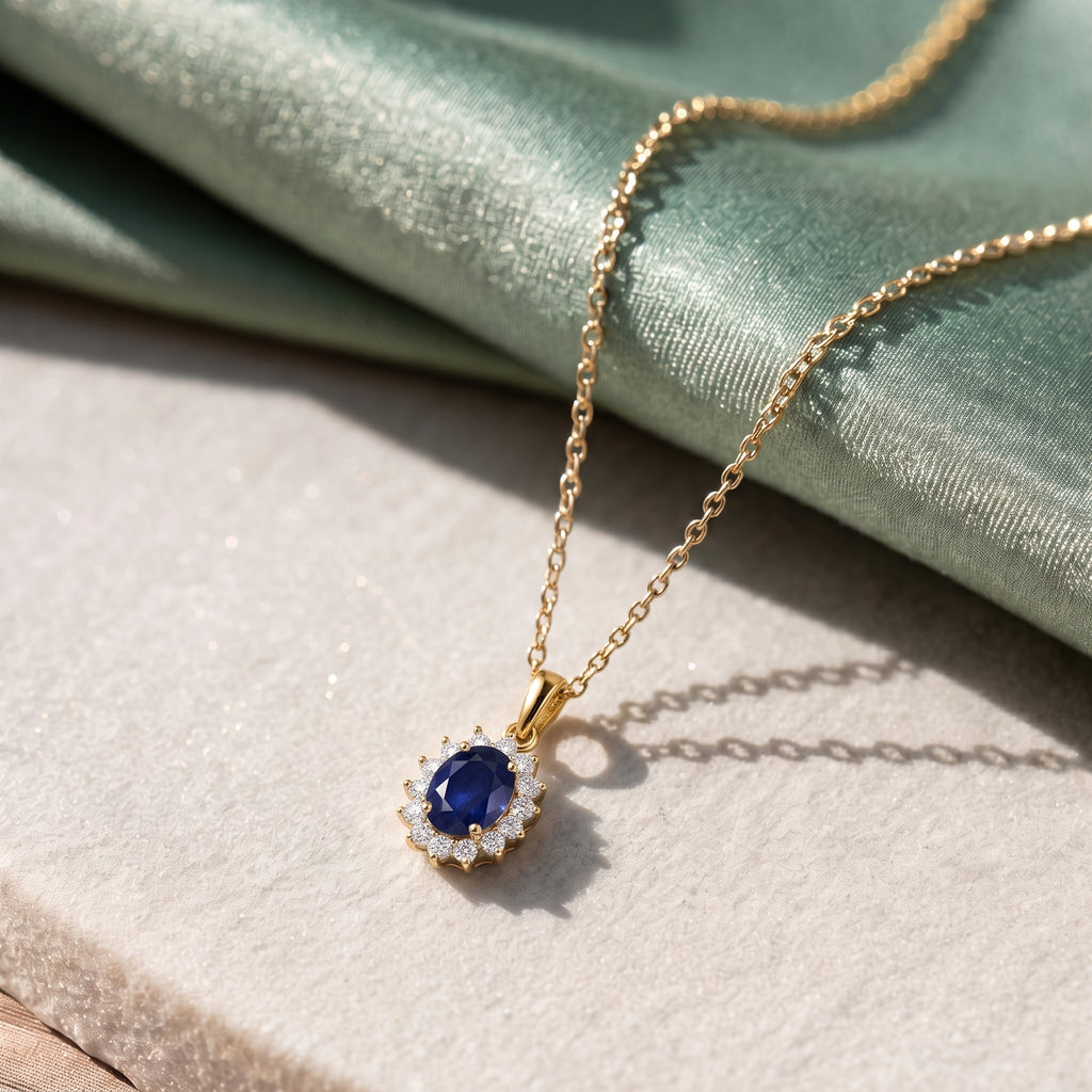 Royal Bali Collection - D'Joy Masoala Sapphire & Natural Cambodian Zircon Halo Pendant with Chain (Size - 20) with Lobster Clasp in 18K Vermeil Yellow Gold Plated Sterling Silver 1.38 Ct._4400815_4