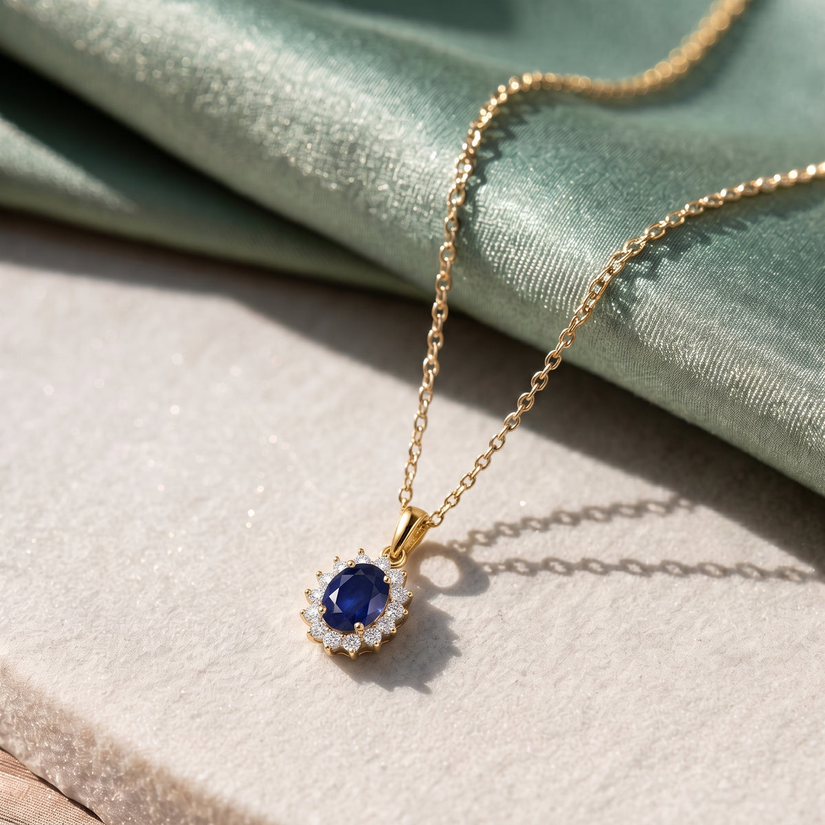 Masoala Sapphire September Birthstone and Natural Zircon Halo Pendant with Chain (Size - 20) with Lobster Clasp in 18K Vermeil Yellow Gold Plated Sterling Silver 4400815 4