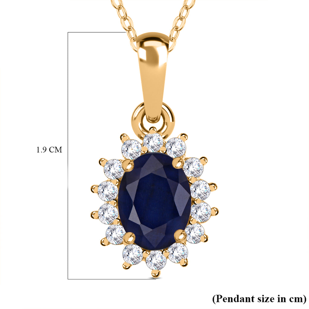 Royal Bali Collection - D'Joy Masoala Sapphire & Natural Cambodian Zircon Halo Pendant with Chain (Size - 20) with Lobster Clasp in 18K Vermeil Yellow Gold Plated Sterling Silver 1.38 Ct._4400815_6