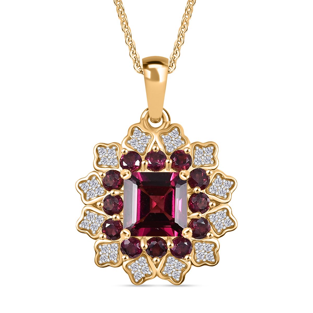 D'Joy Orissa Rhodolite Garnet, White Zircon Cluster Pendant with Chain (Size 20) in 18K Yellow Gold Plated Sterling Silver 3.53 Ct. 4406542 0