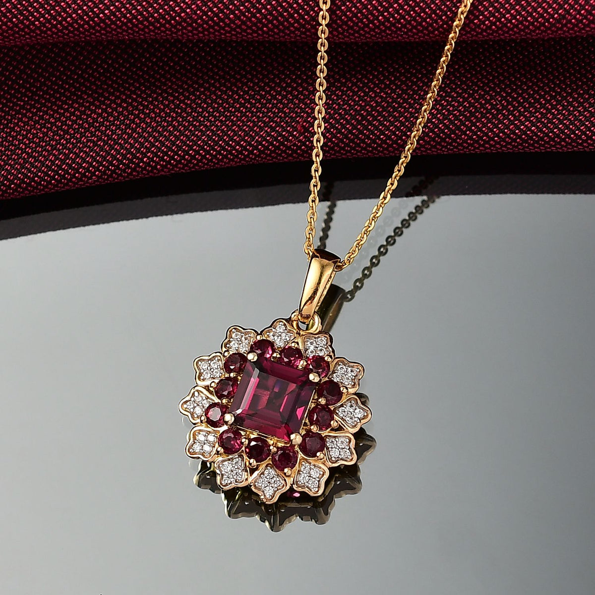 D'Joy Orissa Rhodolite Garnet, White Zircon Cluster Pendant with Chain (Size 20) in 18K Yellow Gold Plated Sterling Silver 3.53 Ct. 4406542 2