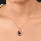 D'Joy - Orissa Rhodolite Garnet & White Zircon Floral Halo Pendant with Chain (Size 20) in 18K Vermeil Yellow Gold Plated Sterling Silver 3.53 Ct._4406542_2
