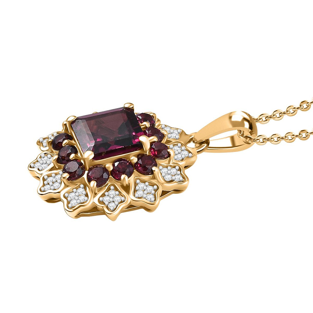 D'Joy - Orissa Rhodolite Garnet & White Zircon Floral Halo Pendant with Chain (Size 20) in 18K Vermeil Yellow Gold Plated Sterling Silver 3.53 Ct._4406542_3