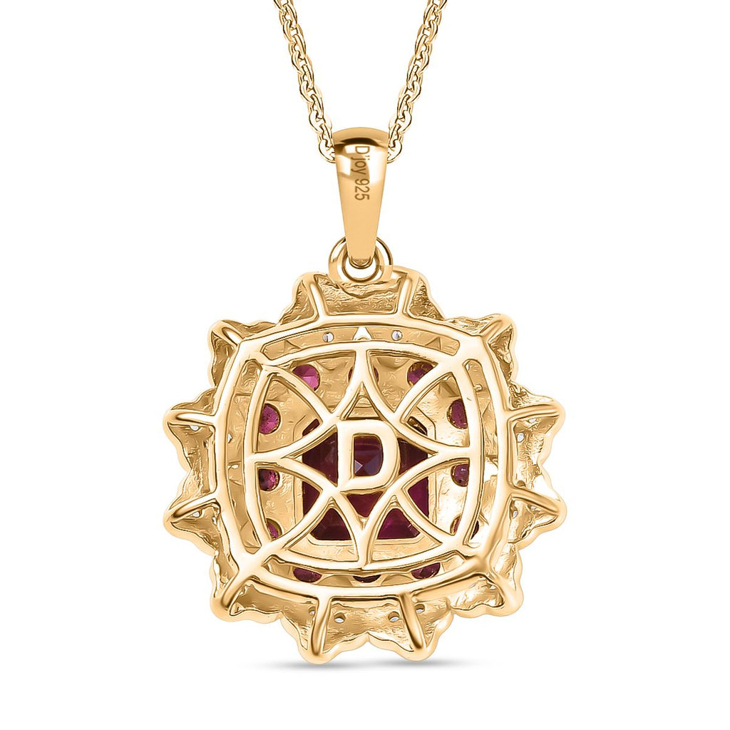 D'Joy - Orissa Rhodolite Garnet & White Zircon Floral Halo Pendant with Chain (Size 20) in 18K Vermeil Yellow Gold Plated Sterling Silver 3.53 Ct._4406542_4