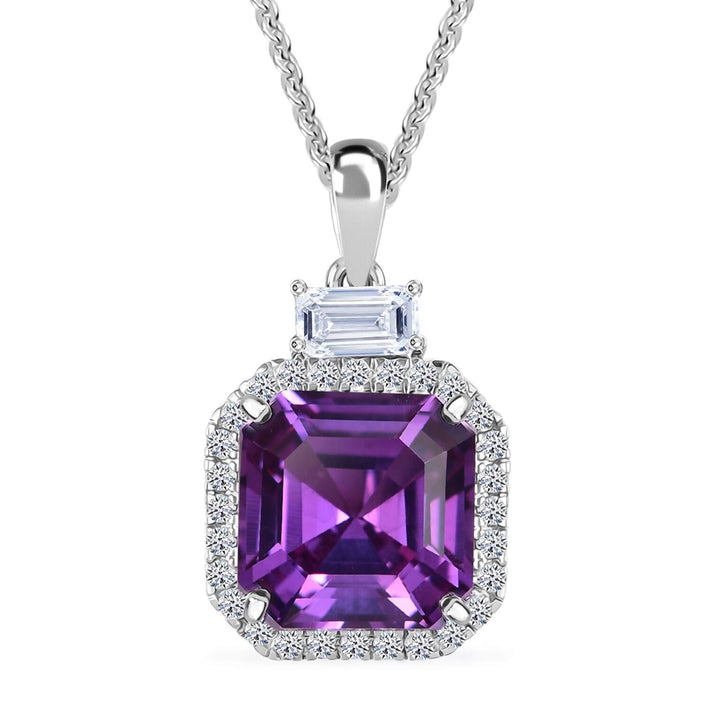 Certified &amp; Appraised LUXURIANT AAA Lab Grown Purple Sapphire, Lab Grown Diamond Halo Pendant Necklace in 10K White Gold 20 Inches 6 Ct. (E-F, VS) 4406717 1