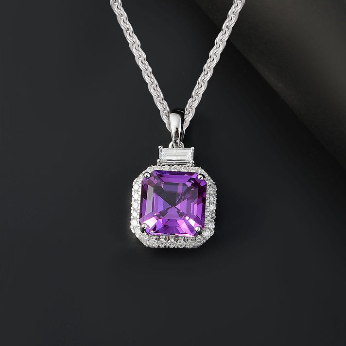 Certified &amp; Appraised LUXURIANT AAA Lab Grown Purple Sapphire, Lab Grown Diamond Halo Pendant Necklace in 10K White Gold 20 Inches 6 Ct. (E-F, VS) 4406717 2