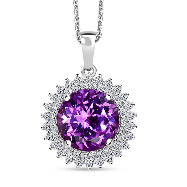 Certified &amp; Appraised LUXURIANT AAA Lab Grown Purple Sapphire, Lab Grown Diamond Double Halo Pendant Necklace in 10K White Gold 18 Inches 4.48 Ct. (E-F, VS) 4406718 1