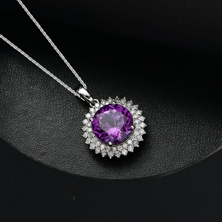 Certified &amp; Appraised LUXURIANT AAA Lab Grown Purple Sapphire, Lab Grown Diamond Double Halo Pendant Necklace in 10K White Gold 18 Inches 4.48 Ct. (E-F, VS) 4406718 2