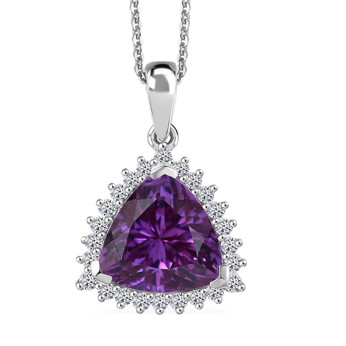 Certified &amp; Appraised LUXURIANT AAA Lab Grown Purple Sapphire, Lab Grown Diamond Halo Pendant with Chain in 10K White Gold 18 Inches (E-F, VS) 4406719 1