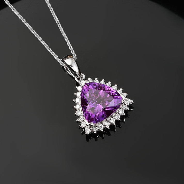 Certified &amp; Appraised LUXURIANT AAA Lab Grown Purple Sapphire, Lab Grown Diamond Halo Pendant with Chain in 10K White Gold 18 Inches (E-F, VS) 4406719 2