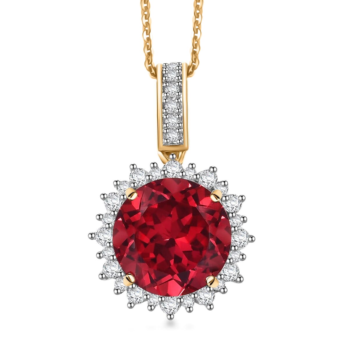 Luxuriant AGI Certified 5.5 Ct. Lab Grown Padparadscha Sapphire , Lab Grown Diamond VS/E-F Pendant with Chain (Size - 8) in 9K Yellow Gold 4406723 0