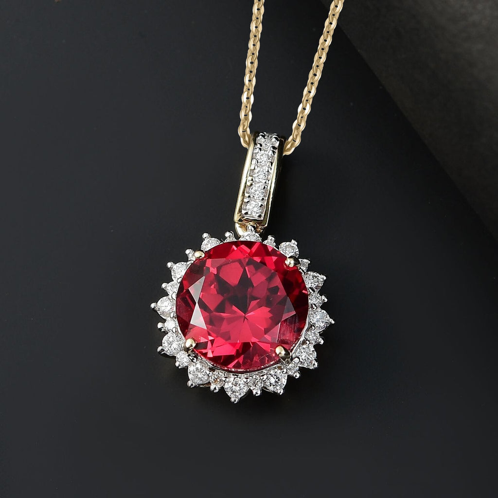 Luxuriant 9K Yellow Gold AGI Certified Lab Grown Padparadscha Sapphire & (VS/E-F) Lab Grown Diamond Pendant with Chain (Size - 8) 5.50 Ct._4406723_1