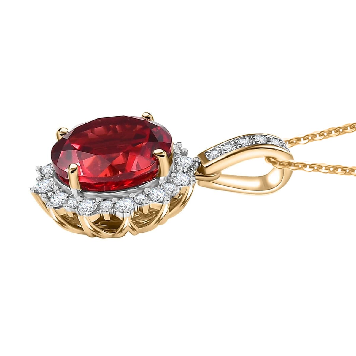 Luxuriant AGI Certified 5.5 Ct. Lab Grown Padparadscha Sapphire , Lab Grown Diamond VS/E-F Pendant with Chain (Size - 8) in 9K Yellow Gold 4406723 3