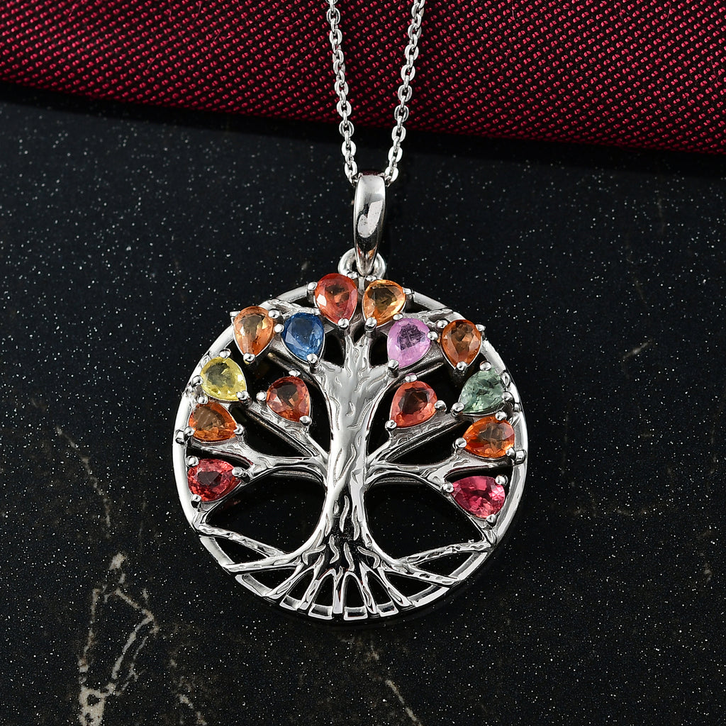 Rainbow Sapphire & Blue Sapphire Tree of Life Pendant with Chain (Size 20) in Rhodium Overlay Sterling Silver 2.11 Ct._4417983_2