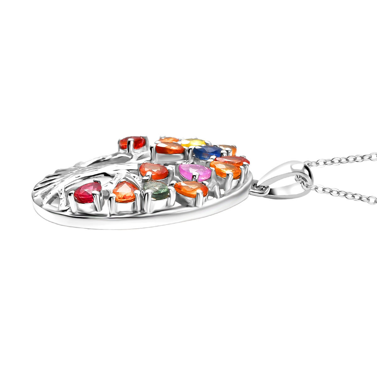 Rainbow Sapphire &amp; Blue Sapphire Tree of Life Pendant with Chain (Size 20) in Rhodium Overlay Sterling Silver 2.11 Ct. V32557259 4