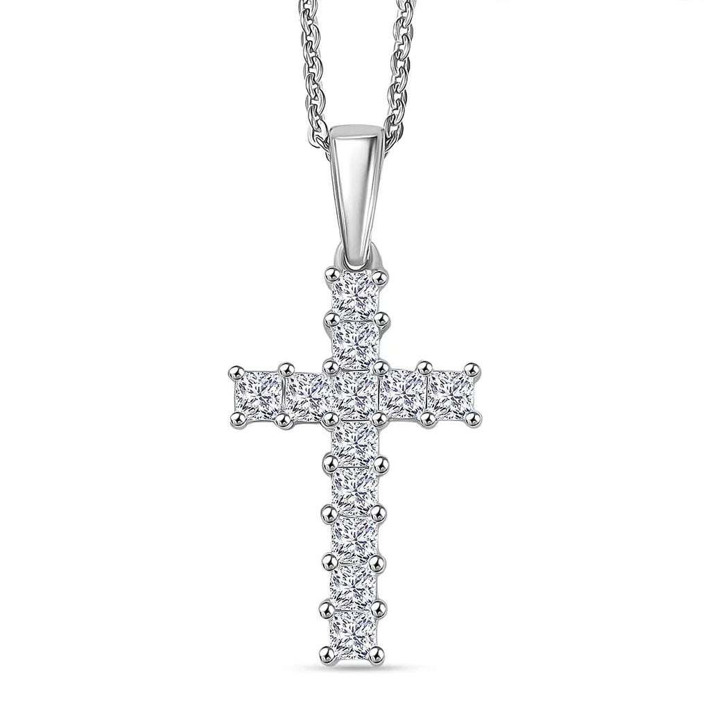 Luxuriant - Lab Grown Diamond (VS/E-F) Cross Pendant with Chain (Size 20) in Rhodium Overlay Sterling Silver_4418489