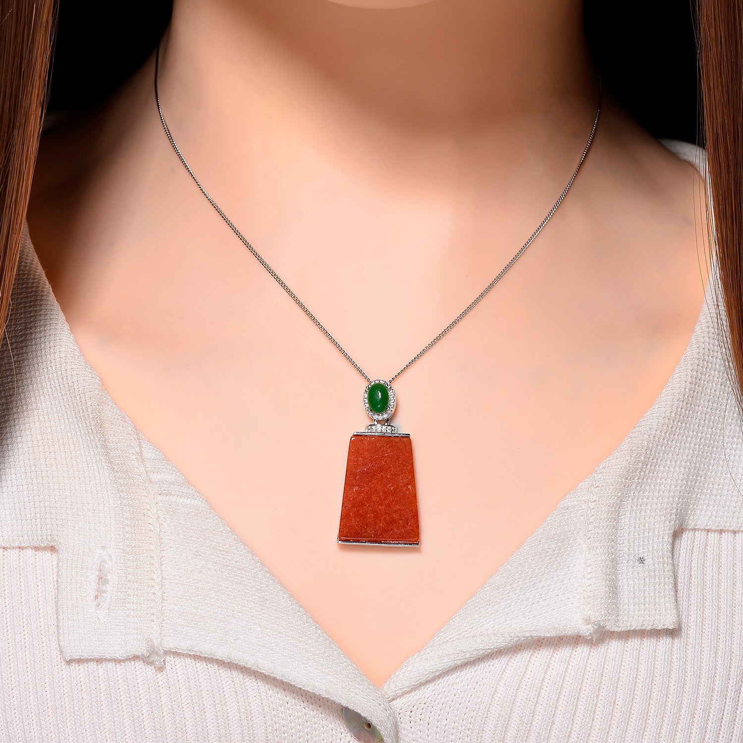 D'Joy Enhanced Red Jade, Dyed Green Jade &amp; White Zircon Pendant with Chain (Size 18) in Rhodium Overlay Sterling Silver 19.35 Ct. V32514444 3
