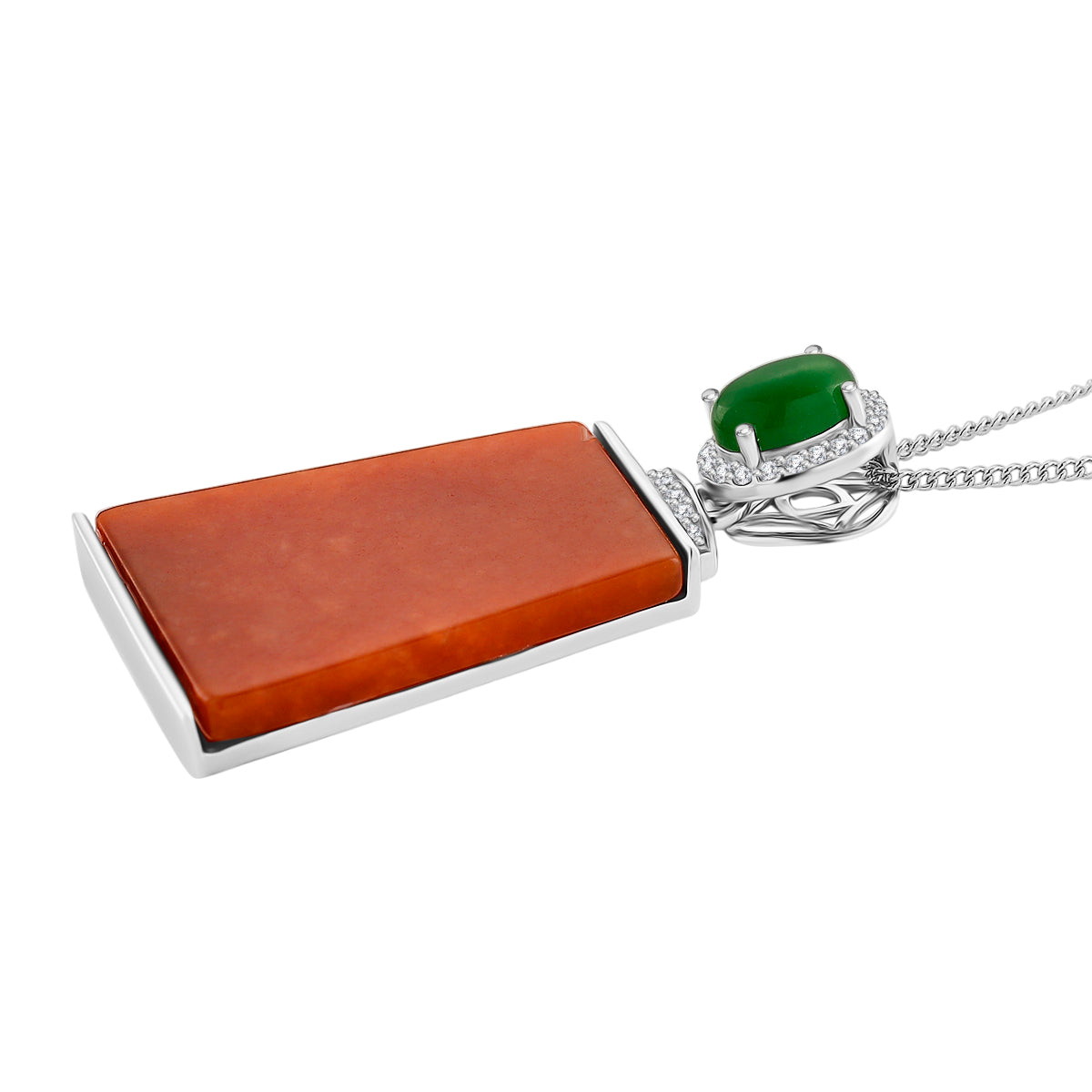 D'Joy Enhanced Red Jade, Dyed Green Jade &amp; White Zircon Pendant with Chain (Size 18) in Rhodium Overlay Sterling Silver 19.35 Ct. V32514444 4