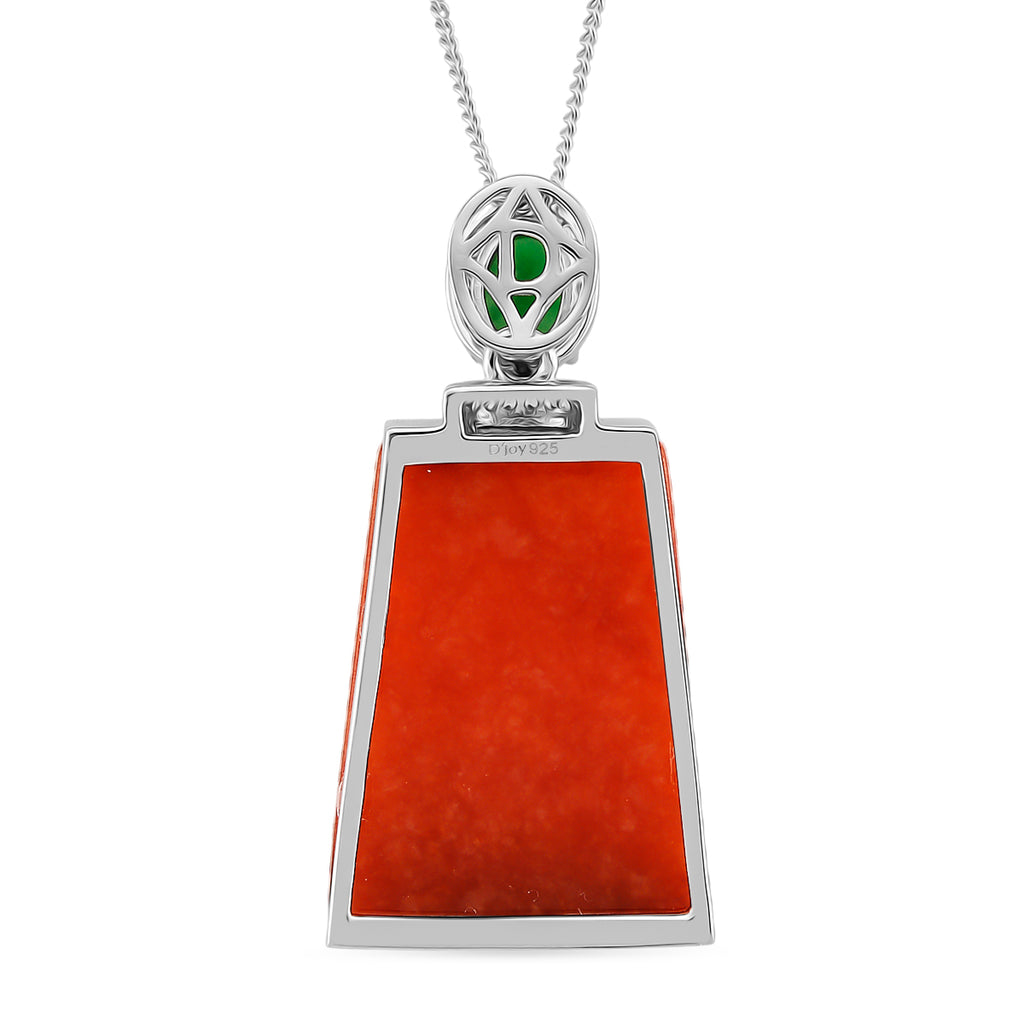 D'Joy Enhanced Red Jade, Dyed Green Jade & White Zircon Pendant with Chain (Size 18) in Rhodium Overlay Sterling Silver 19.35 Ct._4420206_4