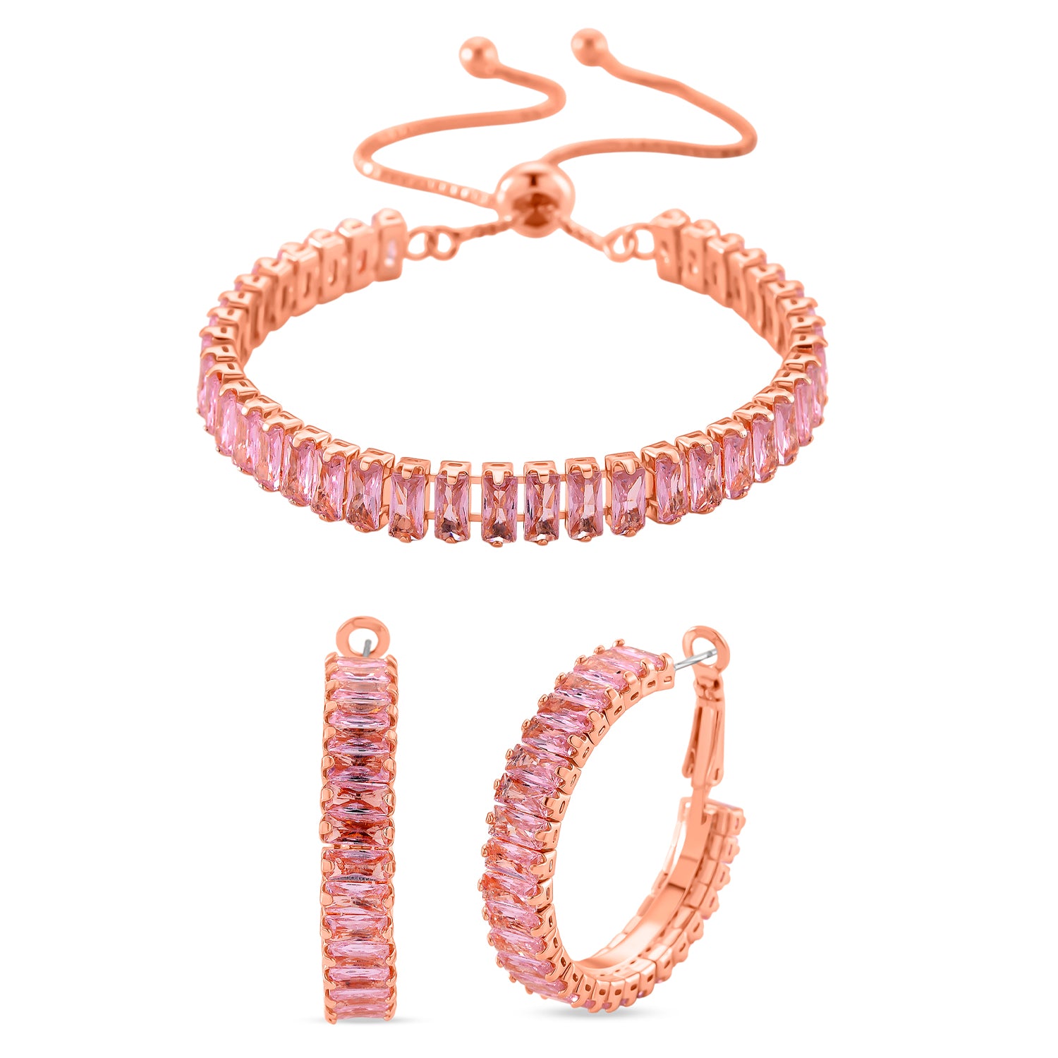 Set of 2 - Pink Cubic Zirconia Adjustable Bracelet (Size 6.5-9.5) &amp; Hoop Earring with Clasp in Rose Gold Tone 20.00 Ct. 4421522 0