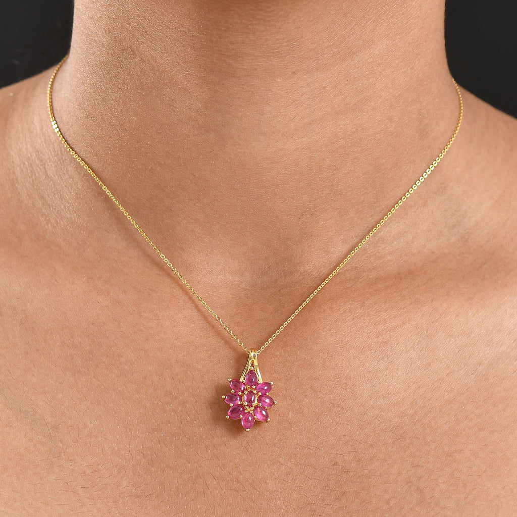 D'Joy Fissure Filled Ruby Floral Pendant with Chain (Size 20) in Yellow Gold Plated Sterling Silver 3.56 Ct._4421938_1