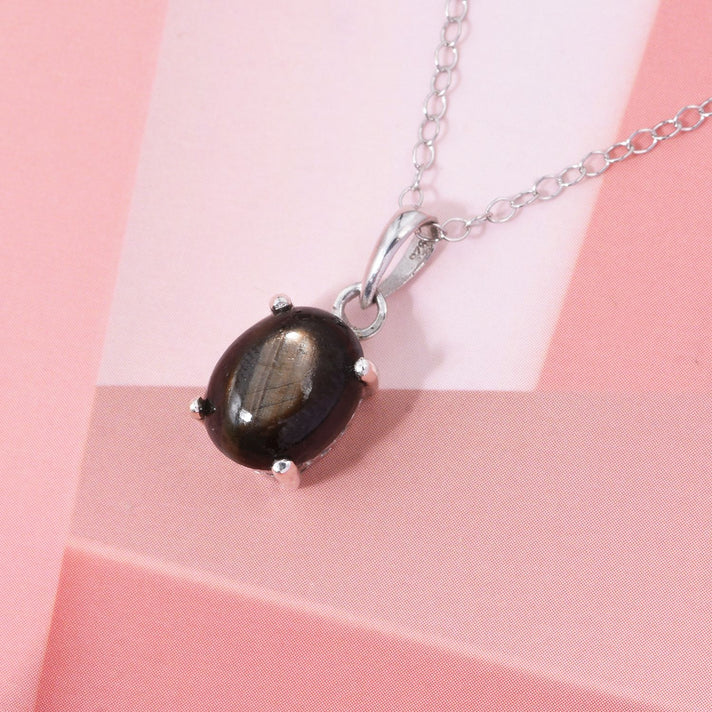 D'Joy Chantaburi Black Star Sapphire &amp; Moissanite Cabochon Halo Pendant with Chain (Size 20) in Rhodium Overlay Sterling Silver 11.98 Ct. 4422043 2