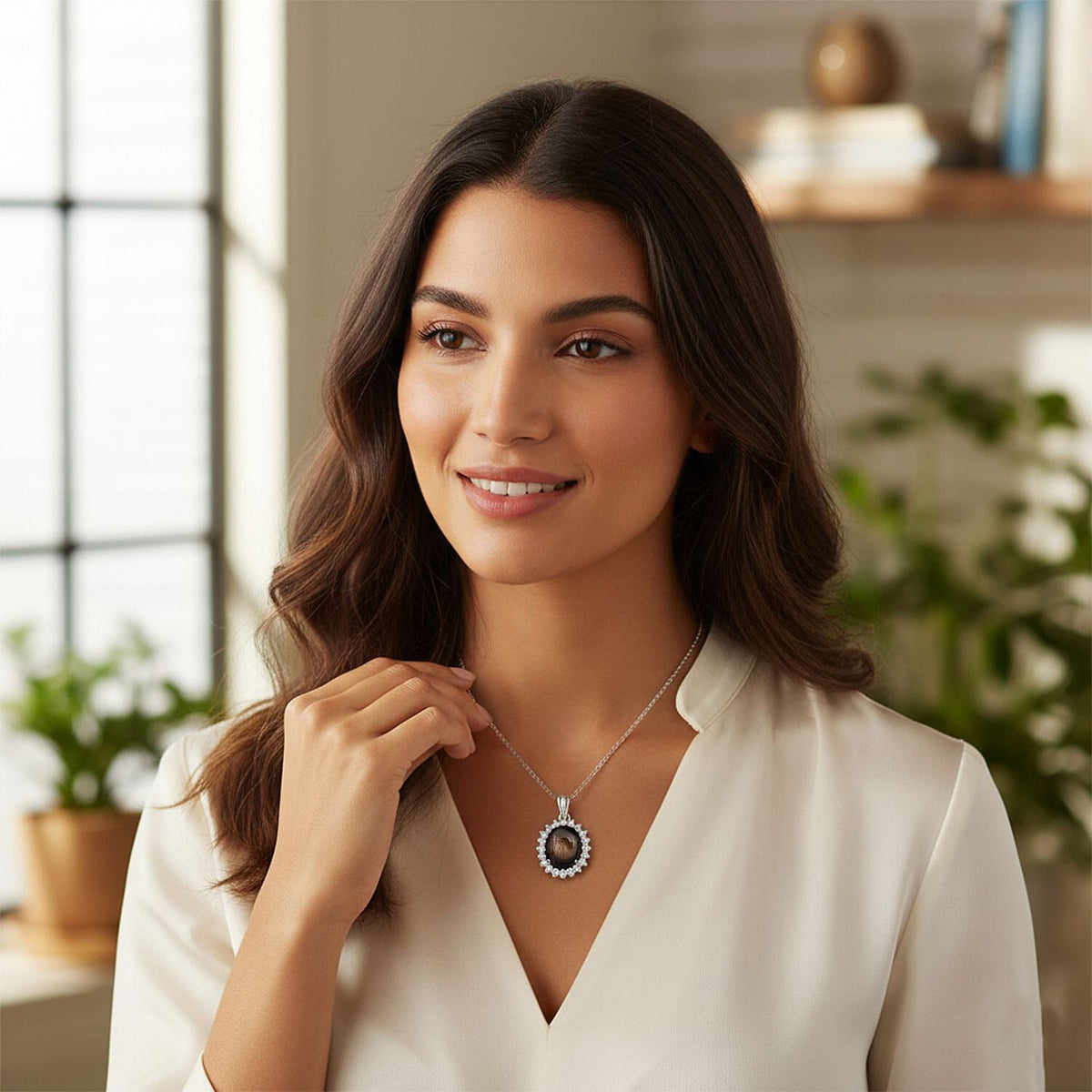 D'Joy Chantaburi Black Star Sapphire &amp; Moissanite Cabochon Halo Pendant with Chain (Size 20) in Rhodium Overlay Sterling Silver 11.98 Ct. V32556306 2