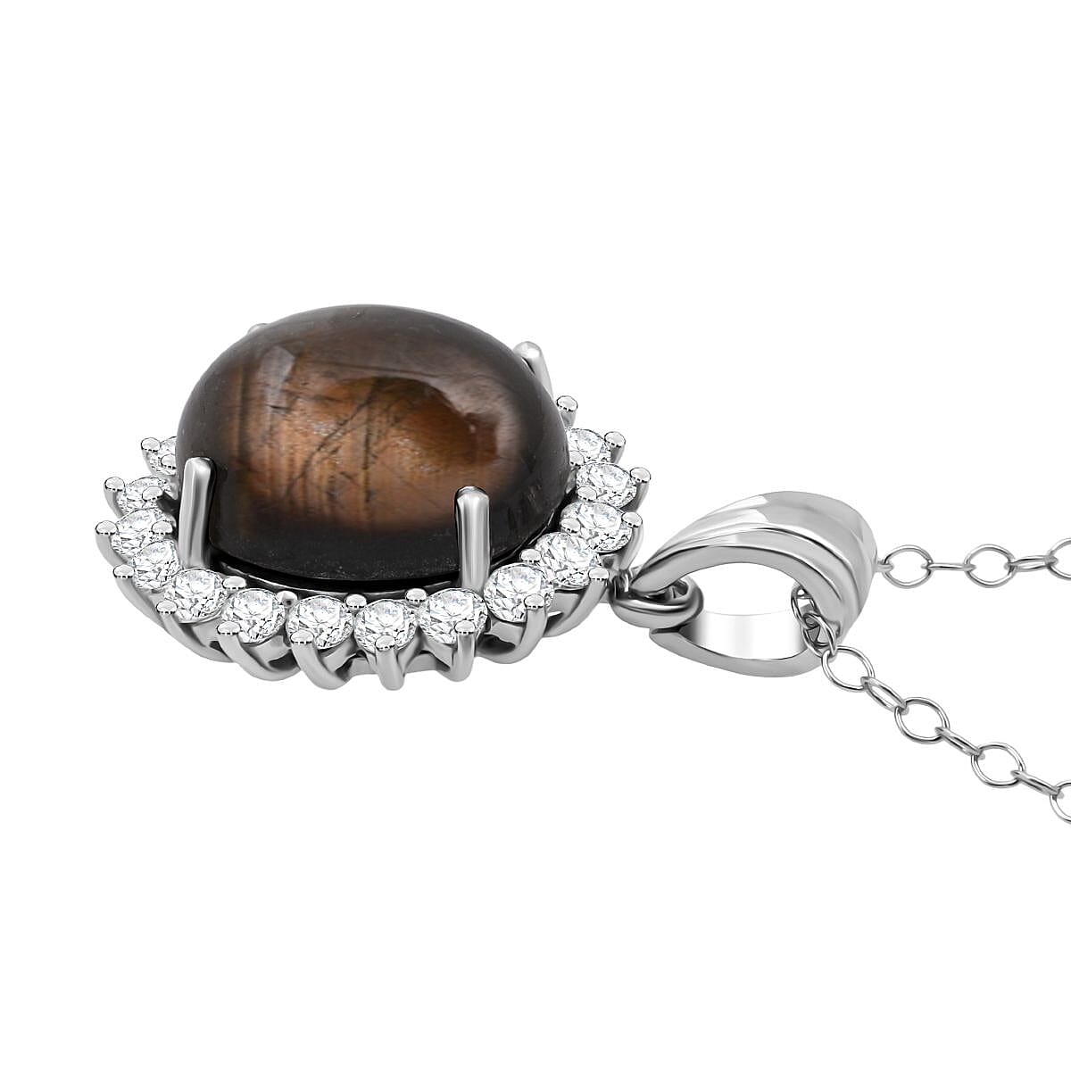 D'Joy Chantaburi Black Star Sapphire &amp; Moissanite Cabochon Halo Pendant with Chain (Size 20) in Rhodium Overlay Sterling Silver 11.98 Ct. V32556306 3