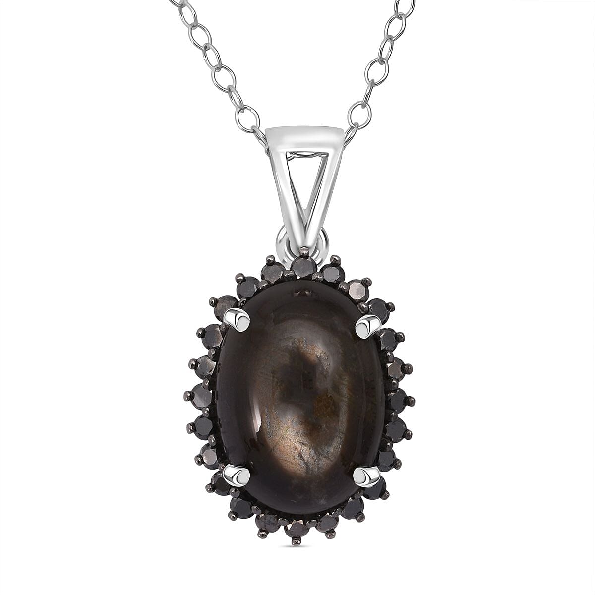 D'Joy - Chantaburi Black Star Sapphire &amp; Black Diamond Halo Pendant with Chain (Size 20) in Rhodium Overlay Sterling Silver 11.05 Ct. 4422056 0