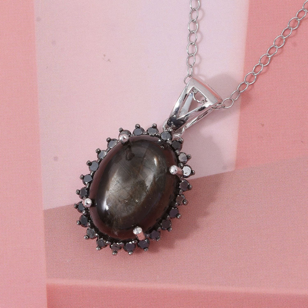 D'Joy - Chantaburi Black Star Sapphire & Black Diamond Halo Pendant with Chain (Size 20) in Rhodium Overlay Sterling Silver 11.05 Ct._4422056_1
