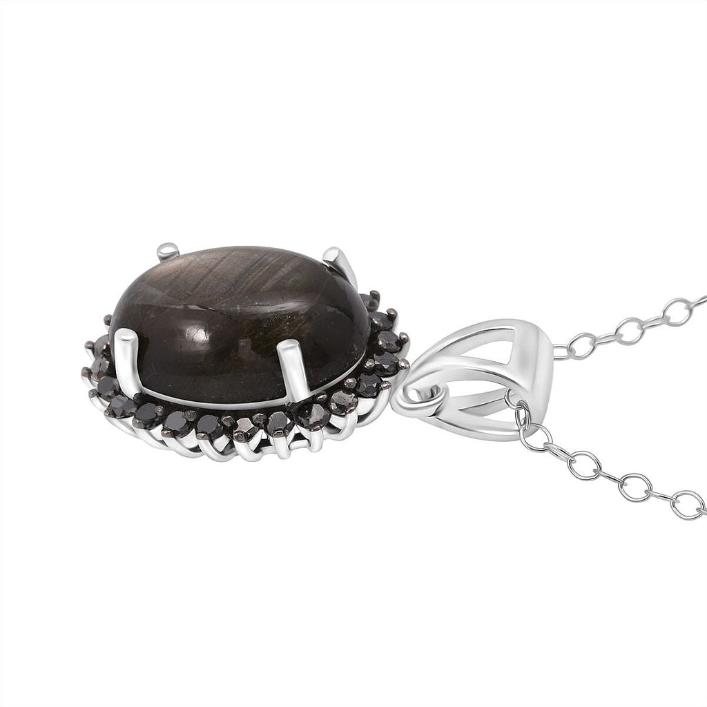 D'Joy - Chantaburi Black Star Sapphire & Black Diamond Halo Pendant with Chain (Size 20) in Rhodium Overlay Sterling Silver 11.05 Ct._4422056_3
