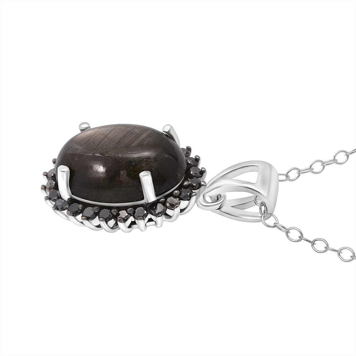 D'Joy - Chantaburi Black Star Sapphire &amp; Black Diamond Halo Pendant with Chain (Size 20) in Rhodium Overlay Sterling Silver 11.05 Ct. 4422056 3