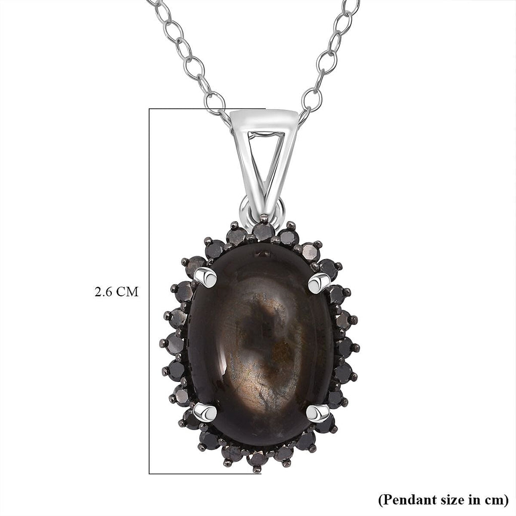 D'Joy - Chantaburi Black Star Sapphire & Black Diamond Halo Pendant with Chain (Size 20) in Rhodium Overlay Sterling Silver 11.05 Ct._4422056_5