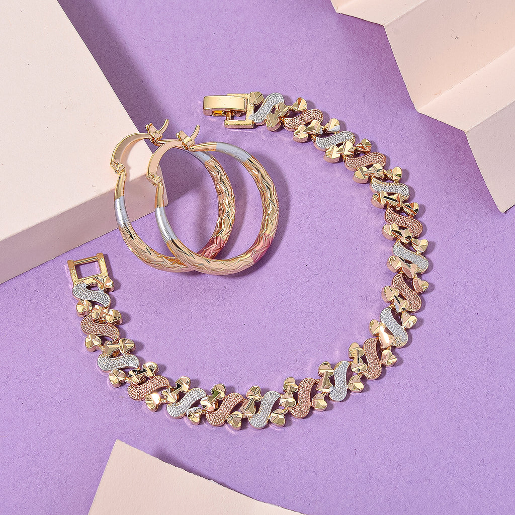 2 Piece Set - Bracelet (Size 7) & Hoop Earrings with Clasp in Tri Colour Tone_4423873_1