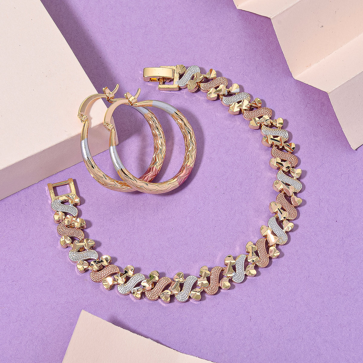 2 Piece Set - Bracelet (Size 7) &amp; Hoop Earrings with Clasp in Tri Colour Tone 4423873 2