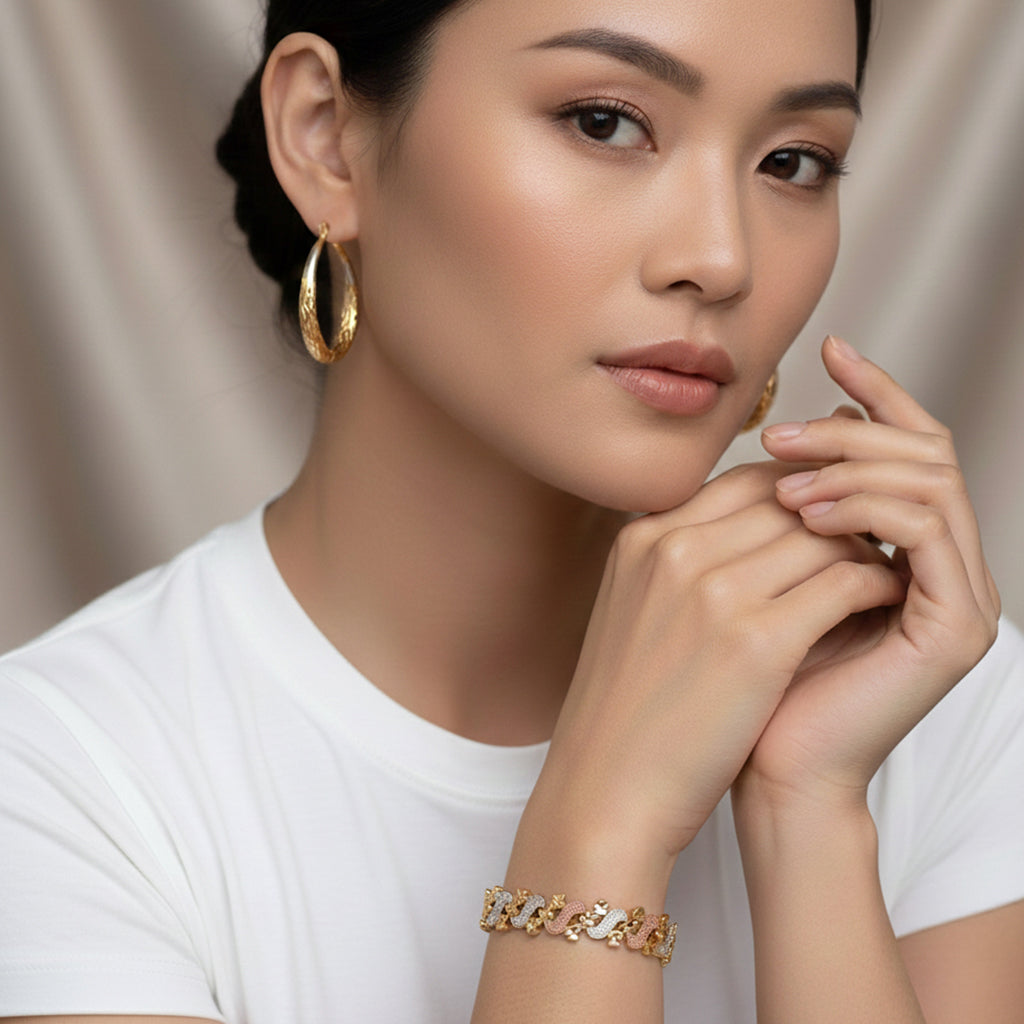 2 Piece Set - Bracelet (Size 7) & Hoop Earrings with Clasp in Tri Colour Tone_4423873_2