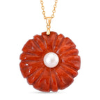 D'Joy - Enhanced Red Jade and White Fresh Water Pearl Flower Design Pendant with Chain (Size 20) in Yellow Gold Plated Sterling Silver 70.00 Ct._4424086