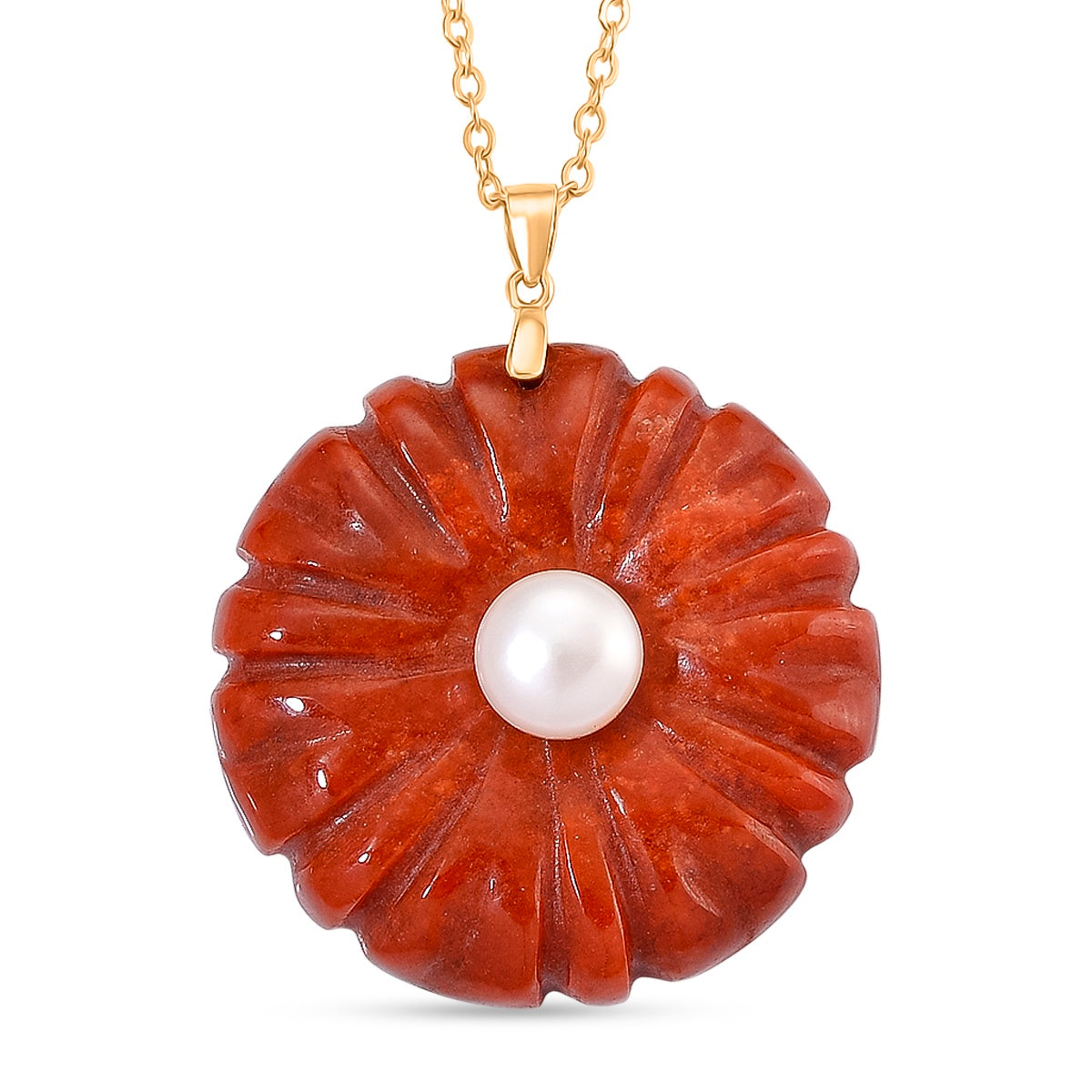 D'Joy - Red Jade and White Fresh Water Pearl Flower Design Pendant with Chain (Size 20) in Yellow Gold Plated Sterling Silver 70.00 Ct. V32640391 0