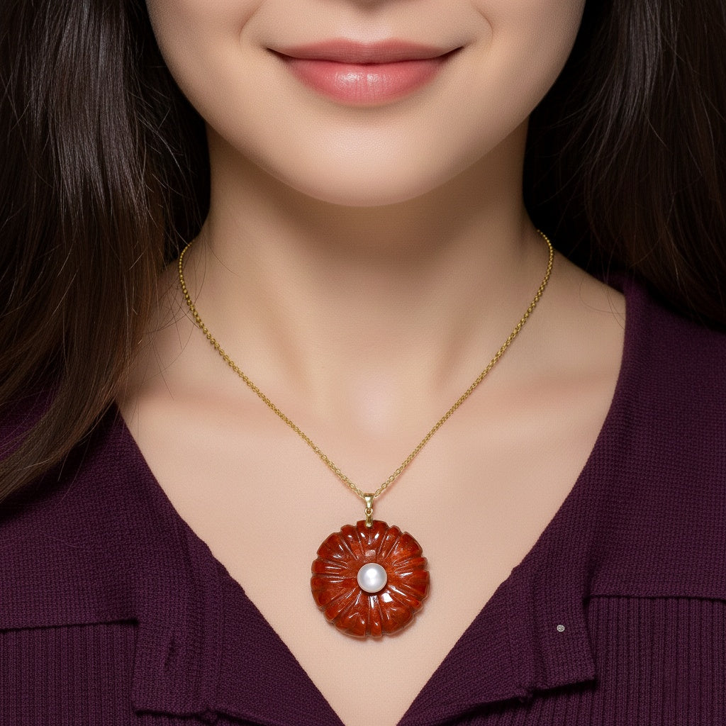 D'Joy - Enhanced Red Jade and White Fresh Water Pearl Flower Design Pendant with Chain (Size 20) in Yellow Gold Plated Sterling Silver 70.00 Ct._4424086_1
